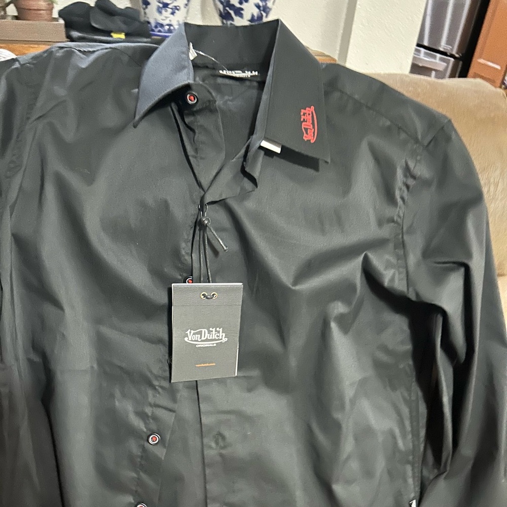 Von Dutch Black Button-Up Shirt with Red Logo